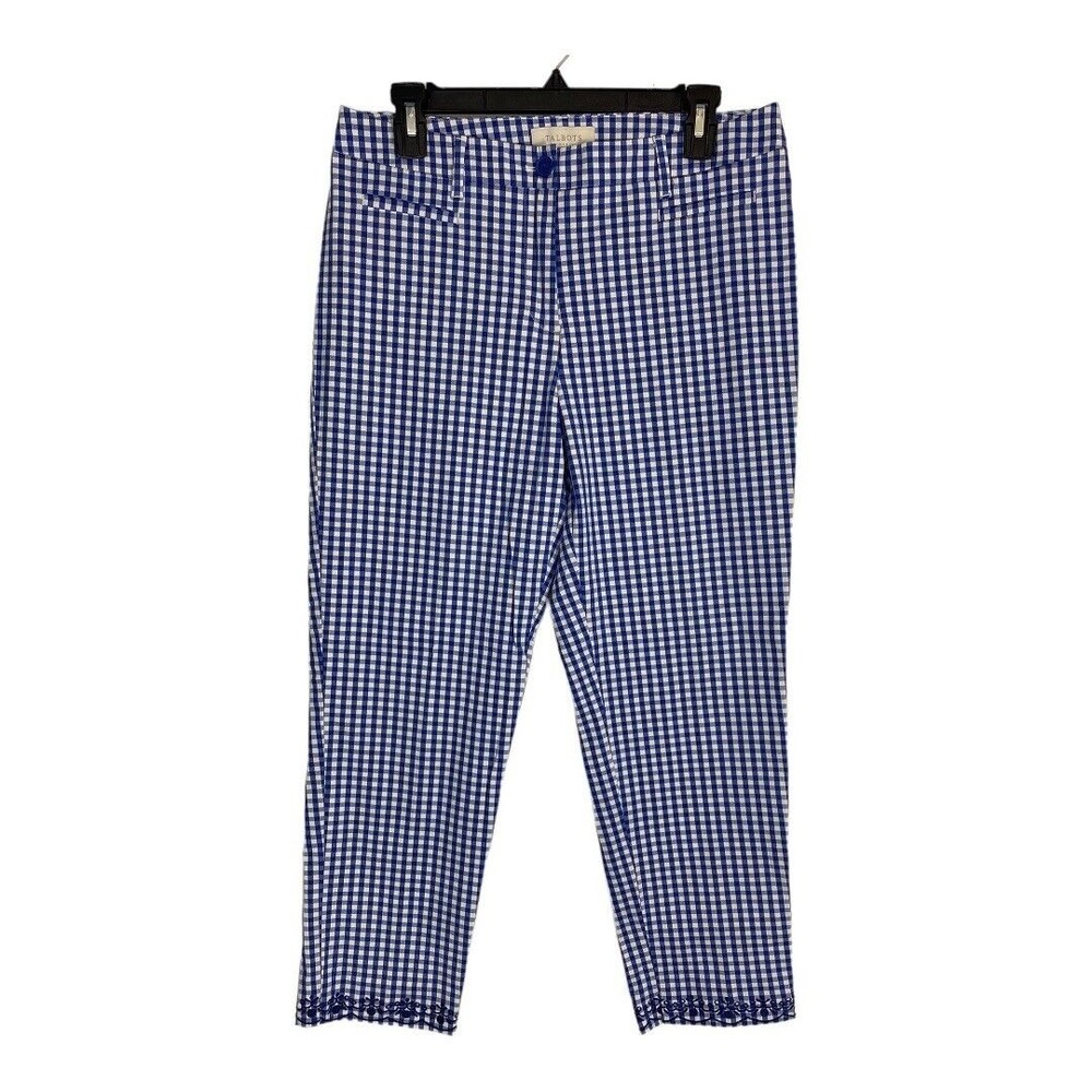 Talbots Womens Pants Size 8 Blue Checkered Floral Embroider Cropped Dress Pants